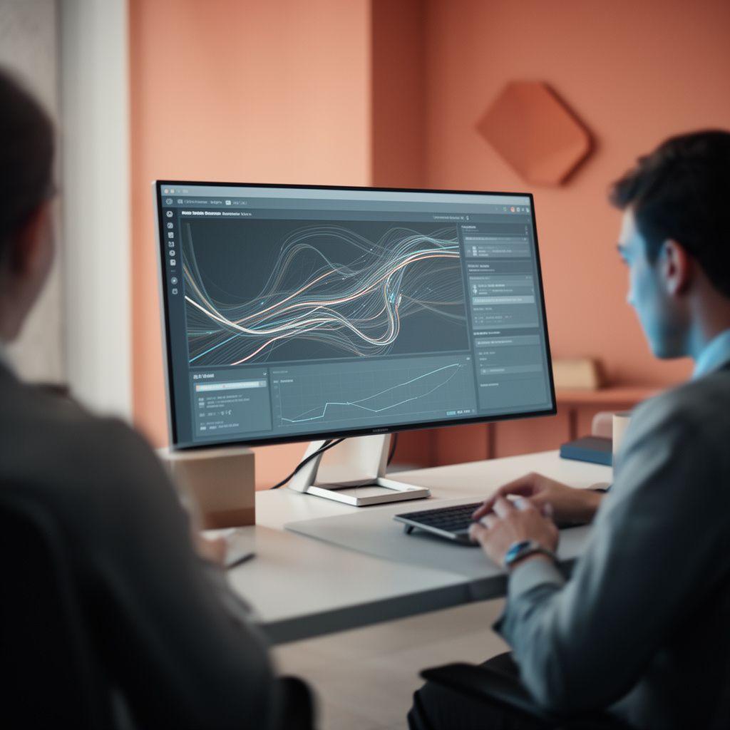 Analytics specialist reviewing a route optimisation dashboard in a modern office with layered flow maps and live navigation indicators