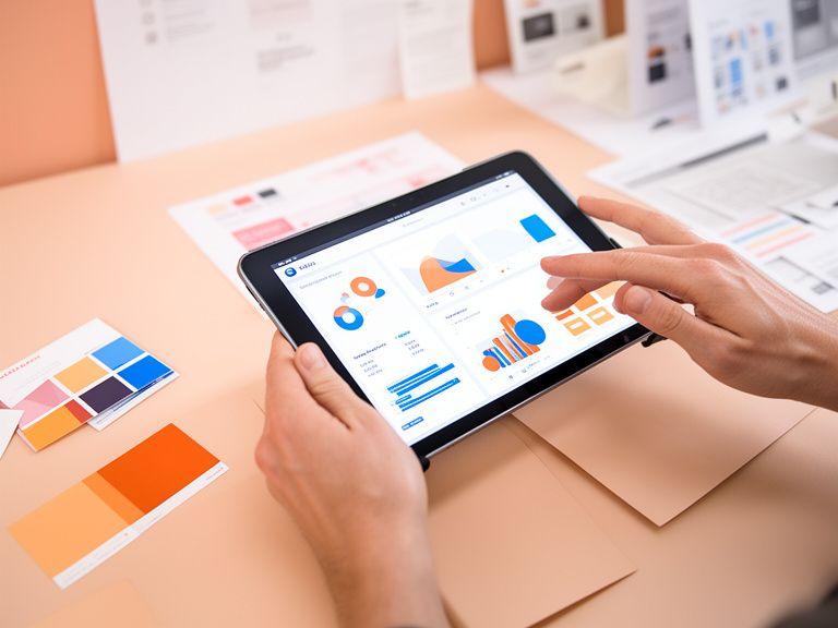 Product and dashboard design lead reviewing interface layouts on a tablet beside colour swatches and charts