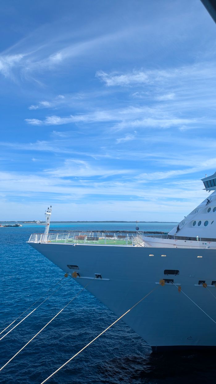 A cruise ship sailing in the ocean under a bright blue sky, displaying a serene seascape.
